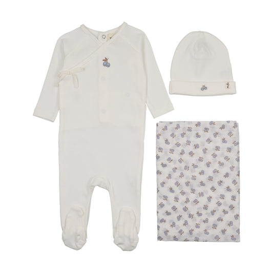 Cherry Print Mock Wrap White Light Blue Three Piece Set
