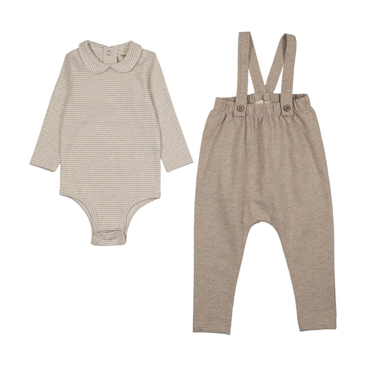 Striped Collared Onesie + French Terry Beige Overall Set