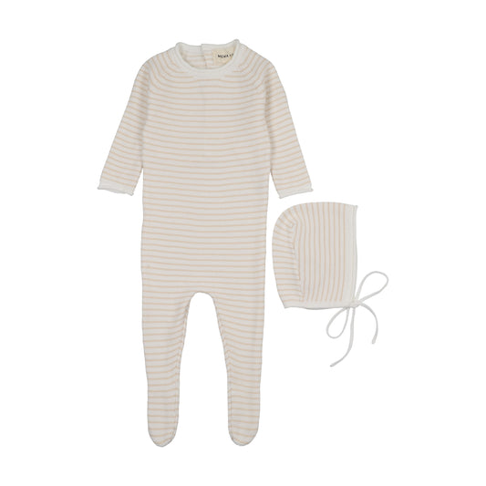 Sand Striped White Knit Footie with Bonnet