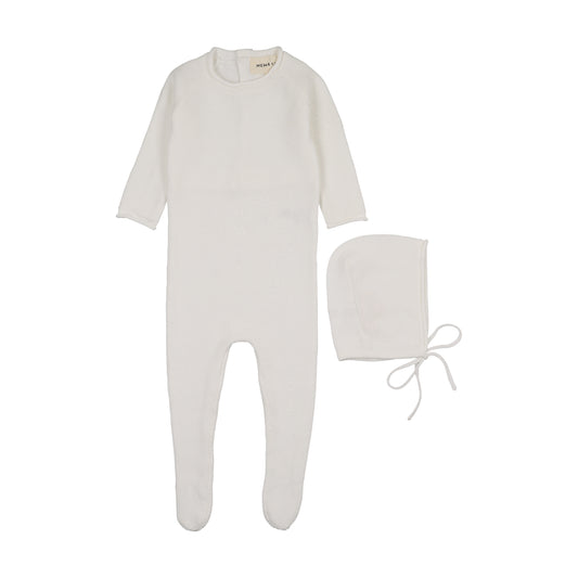 Baby Blush Striped White Knit Footie with Bonnet