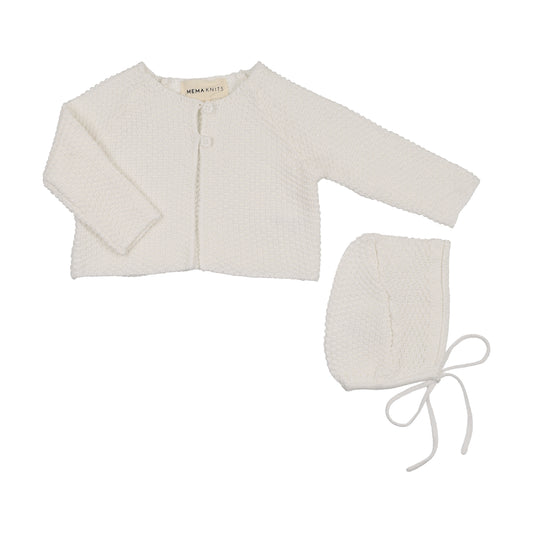 Waffle Knit White Cardigan with Bonnet