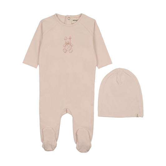 Vintage Bunny Print Pink Footie with Beanie