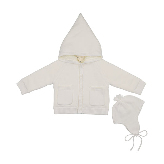 Hooded Knit Sherpa Lined White Sweater