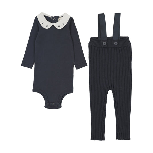 Knit Overall + Embroidered Collar Navy Onesie Set