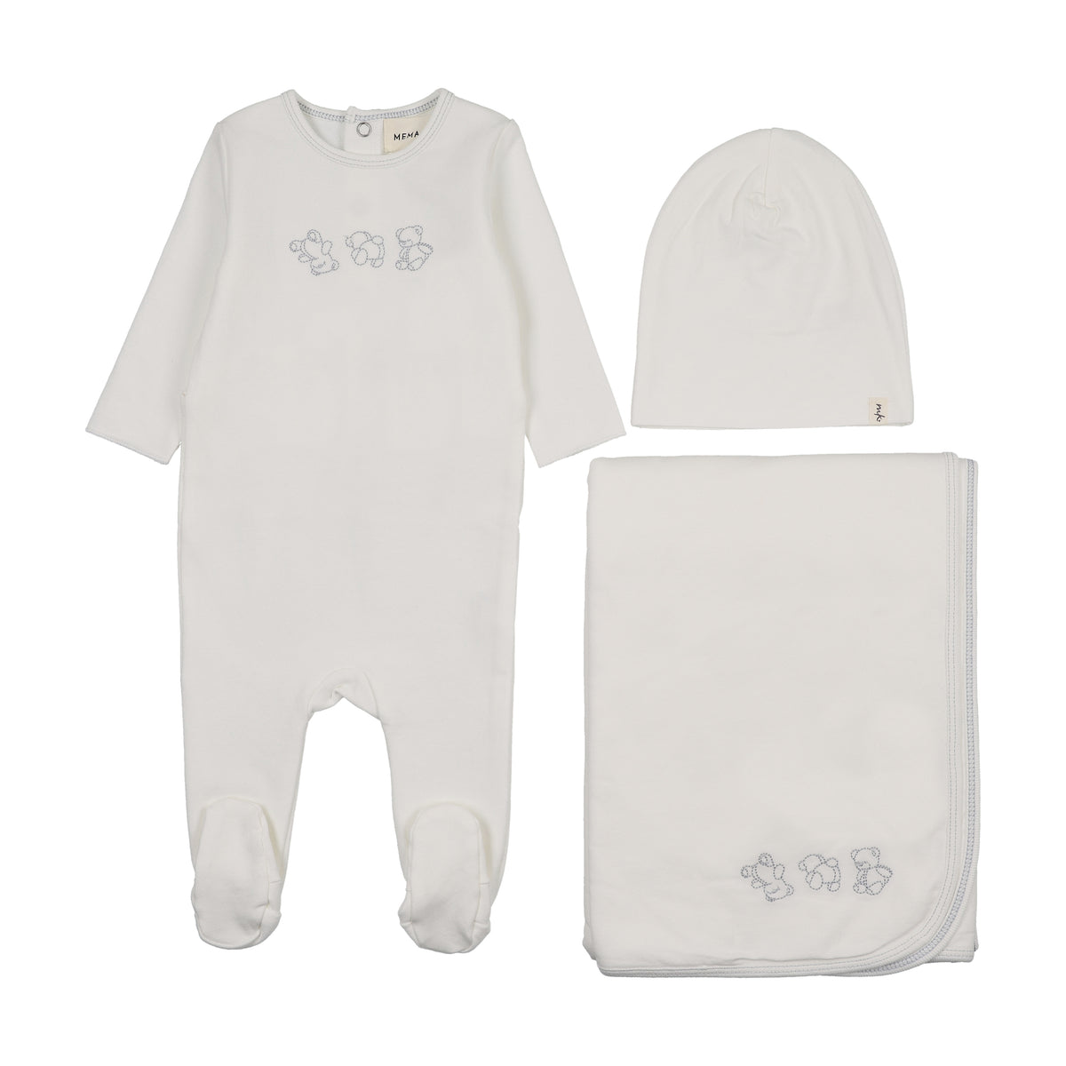 Embroidered Blue Stitch White Teddy Footie with Beanie and Bib