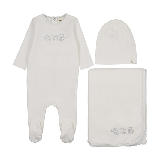 Embroidered Blue Stitch White Teddy Footie with Beanie and Bib