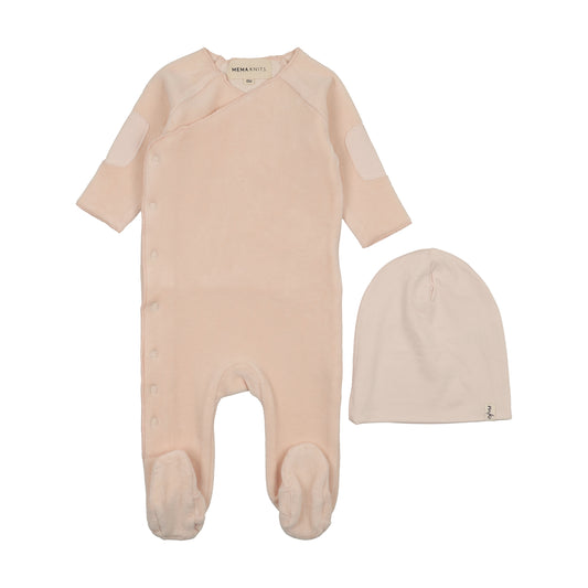 Velour Side Snap Baby Blush Footie with Beanie