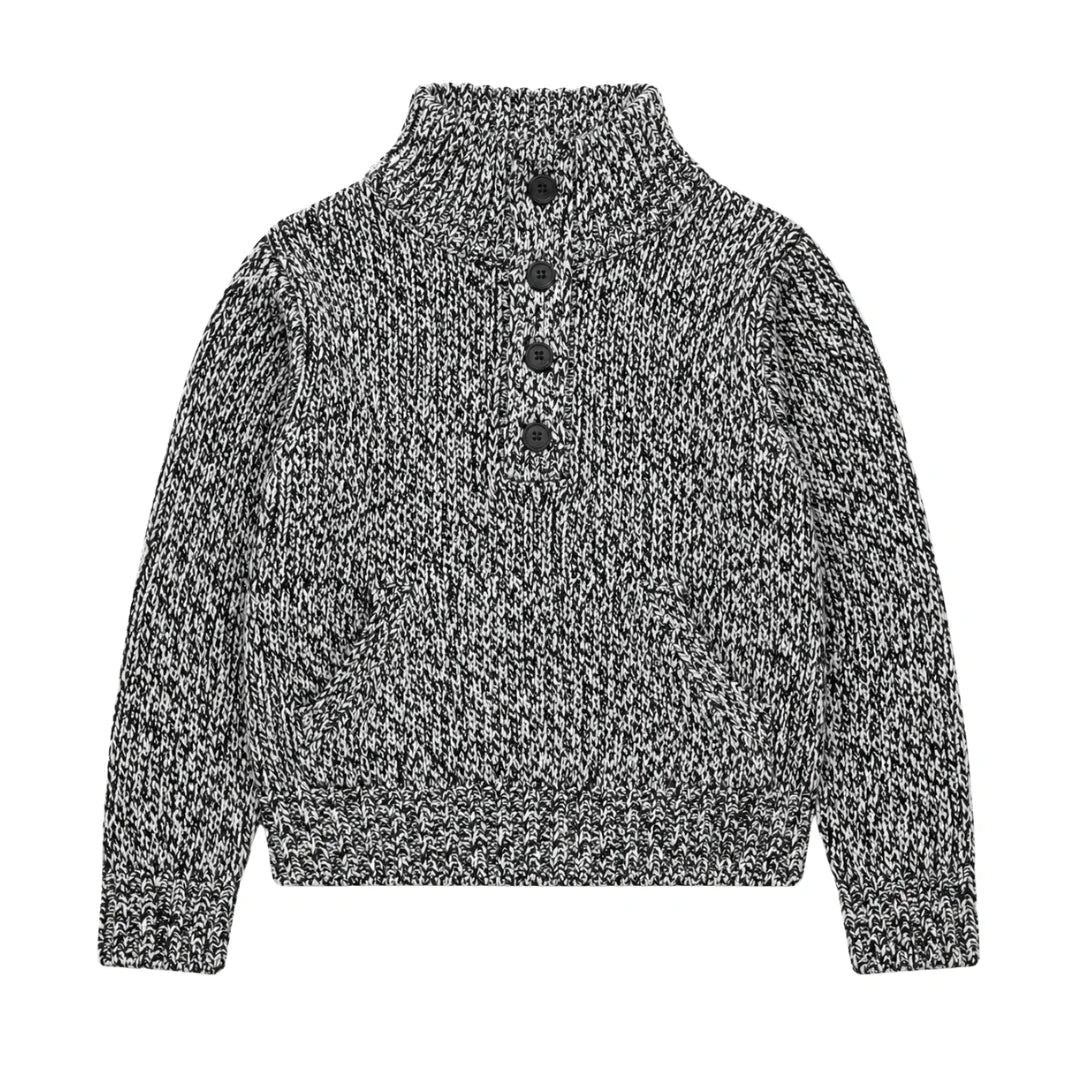 Half Buttoned Funnel Neck Speckled Black Sweater
