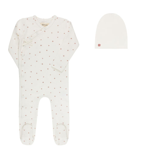Clover Print Ivory Pink Footie and Beanie