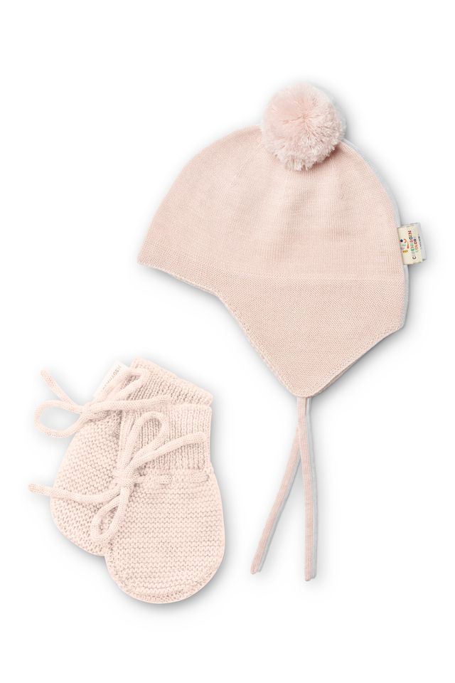 Merino Knitted Soft Pink Baby Bonnet w. Pompom + Baby Mittens