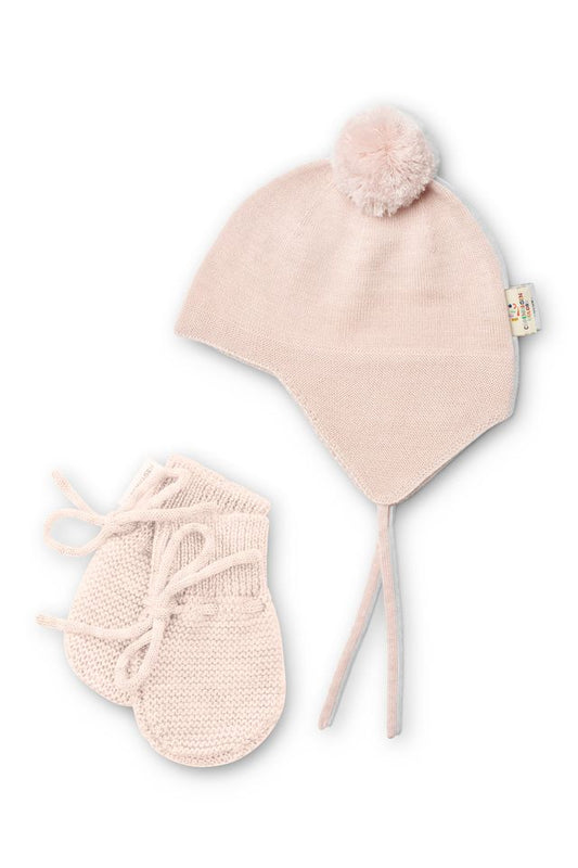 Merino Knitted Soft Pink Baby Bonnet w. Pompom + Baby Mittens