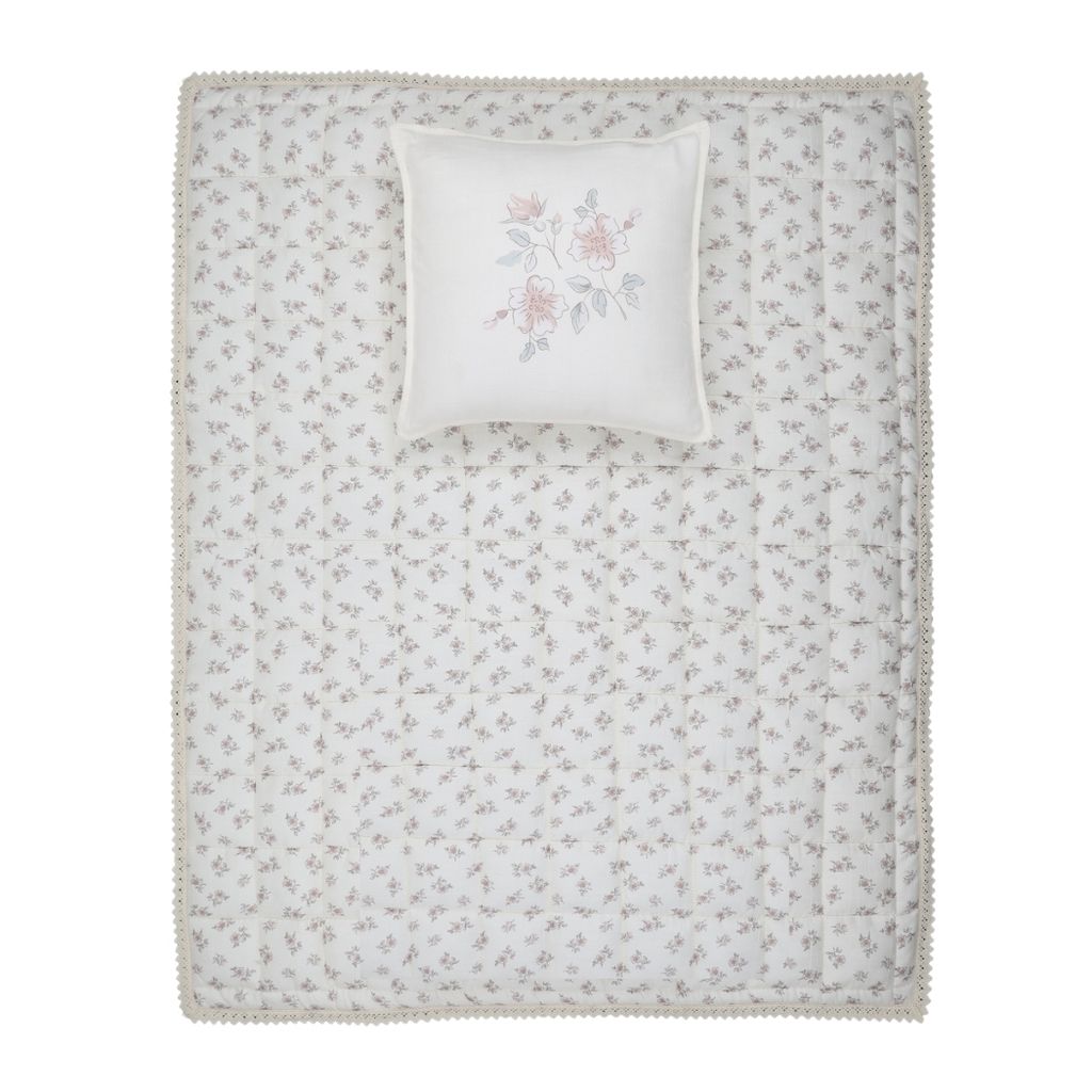 Blossom Crochet Trim Quilted Rose Blanket with Pillow