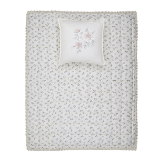 Blossom Crochet Trim Quilted Rose Blanket with Pillow