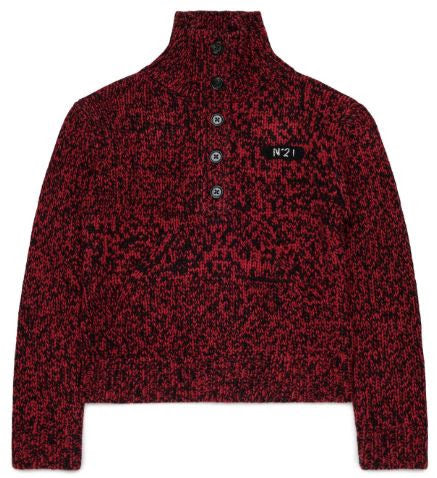 Half Buttoned Funnel Neck Speckled Red Sweater